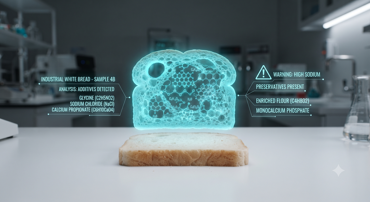 An analytical lab report graphic highlighting a slice of white bread under a bright teal digital blueprint interface. Callouts expose structural sodium chloride (NaCl) and preservative compounds hidden inside the crumb structure.