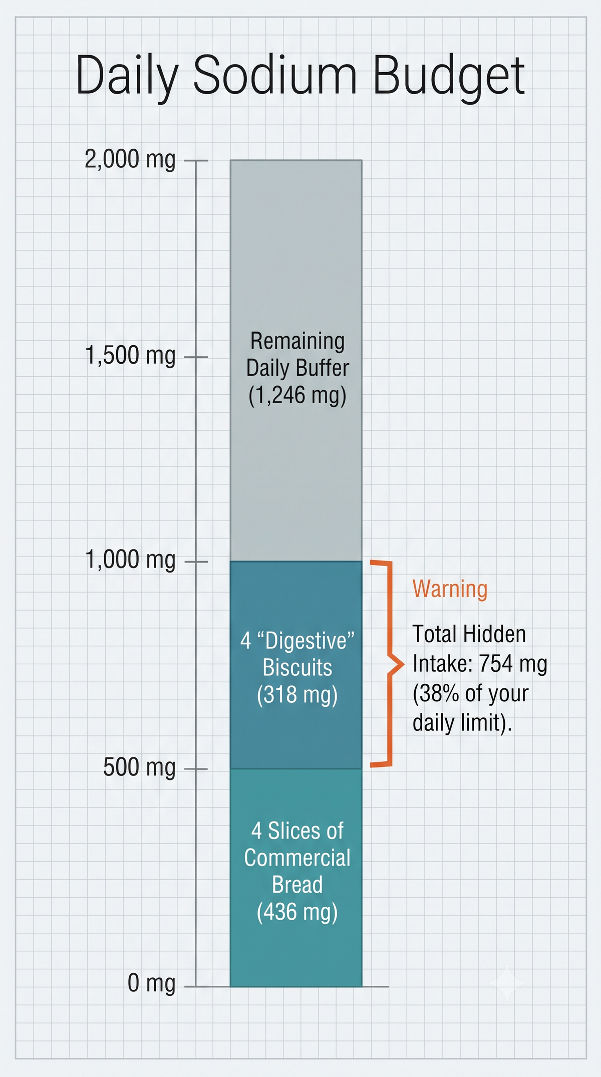 A technical stacking bar chart titled Daily Sodium Budget running up to 2,000mg. It colors a 436mg block for bread and a 318mg block for biscuits, using an orange alert bracket to illustrate how 38% of the threshold is filled by neutral foods before any cooking salt is added.