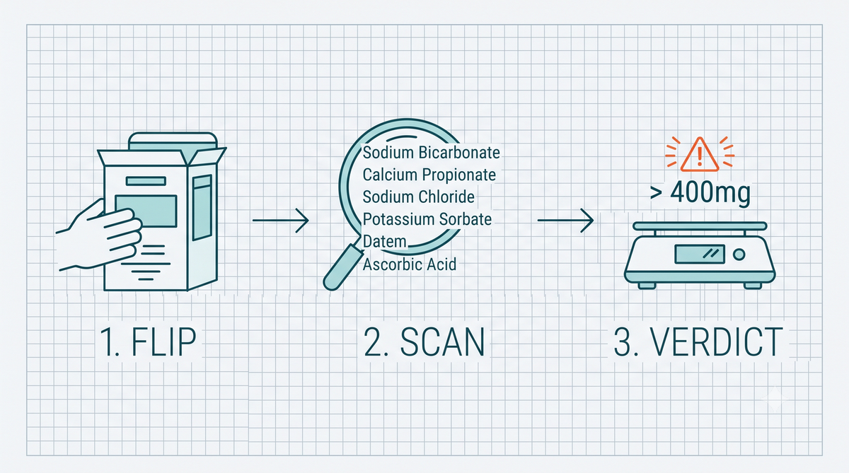 A 3-step blueprint flow diagram tracing the operational checking sequence. Step 1 instructs to flip the package; step 2 outlines scanning the text for sodium expanding agents; step 3 flashes an alert rule to avoid products displaying greater than 400mg per 100g.