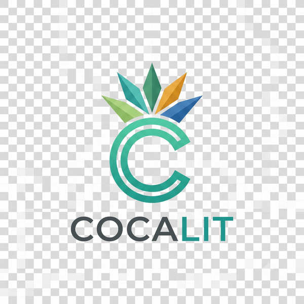 COCALIT Home. Brand Logo: A large, modern teal geometric letter 'C' topped with a vibrant, multi-pointed crown of diamond-shaped leaves in shades of green, blue, and gold, positioned above the bold teal wordmark text COCALIT.