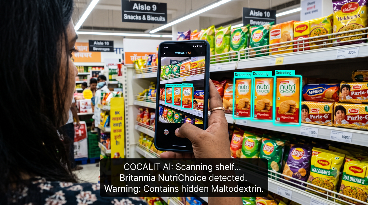 Over-the-shoulder view of a person using a smartphone in a supermarket aisle. The screen shows the COCALIT AI app tracking Britannia NutriChoice biscuit boxes with teal bounding boxes. An overlay reads: 'COCALIT AI: Scanning shelf... Britannia NutriChoice detected. Warning: Contains hidden Maltodextrin.'