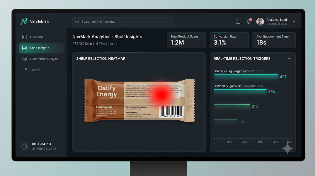A dark-mode analytics dashboard titled 'NexMark Analytics - Shelf Insights'. It features a 'Shelf Rejection Heatmap' showing a red hotspot over the ingredient list of a granola bar, and a 'Real-Time Rejection Triggers' chart indicating dietary flags like 'Vegan (42% drop-off)' and 'Hidden Sugar Alert (35% drop-off)'.